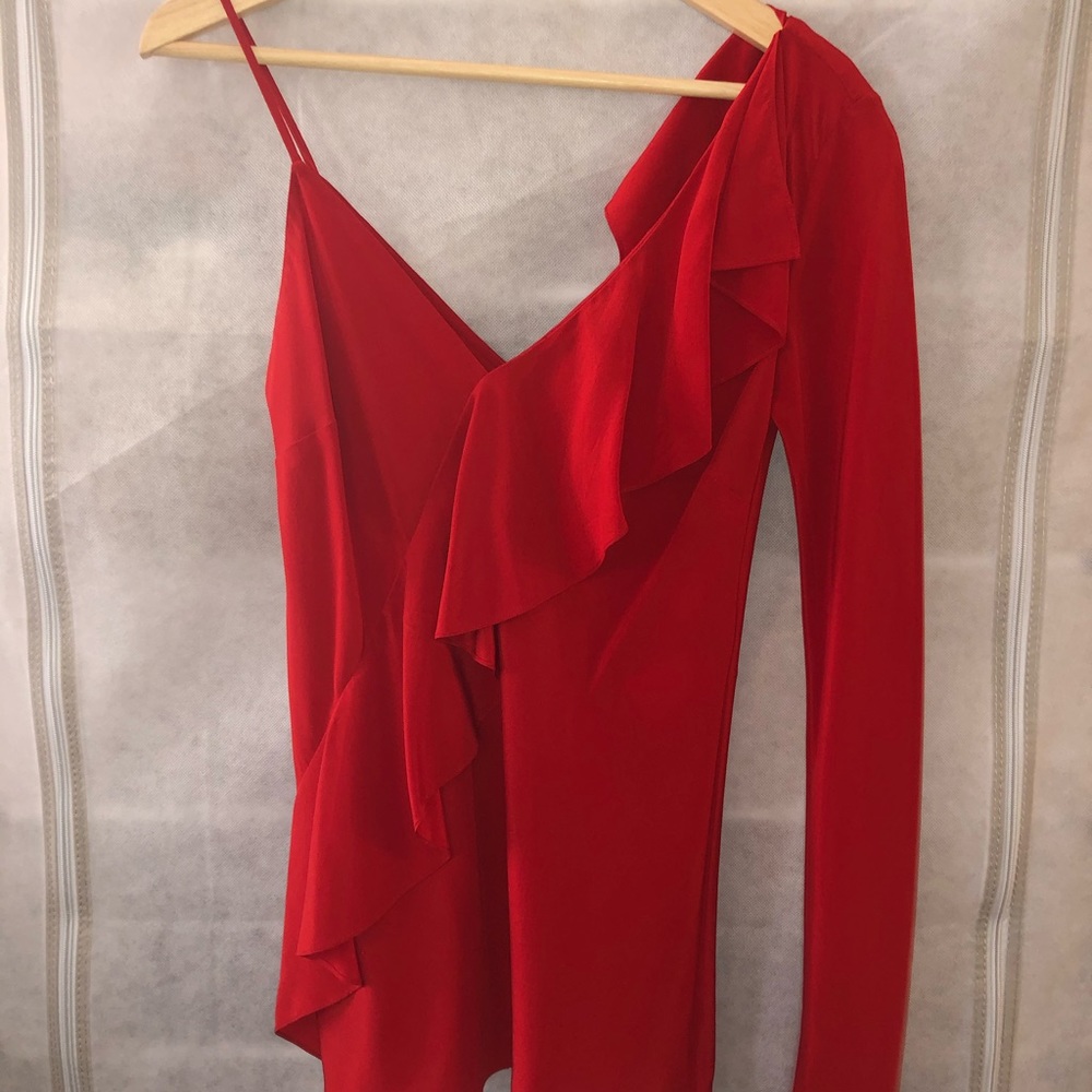 DVF Red One Shoulder Ruffle Blouse - Picture 5 of 5